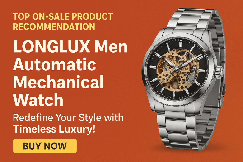 “Luxury men’s automatic mechanical skeleton dial watch, waterproof, stainless steel strap, available on AliExpress”