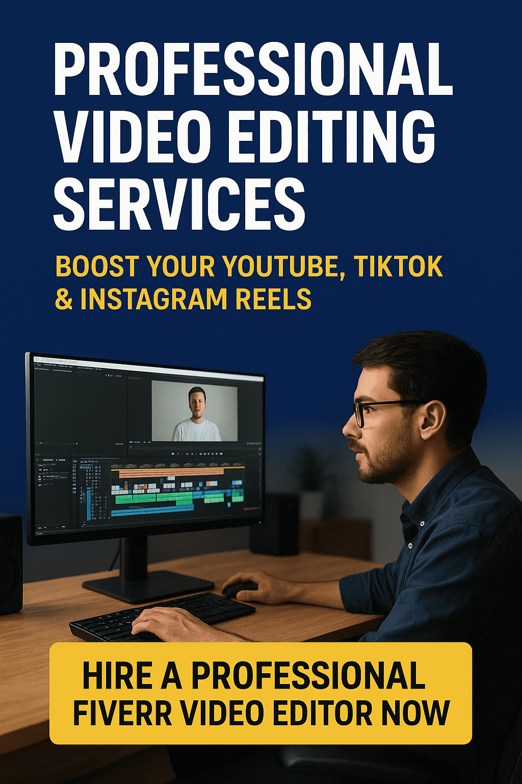 Professional video editor working on YouTube video timeline with text “Professional Video Editing Services – Boost Your YouTube, TikTok & Instagram Reels.”