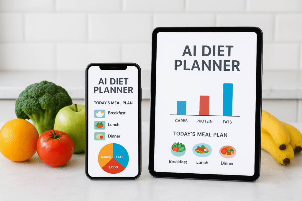 "AI-powered diet planner app showing personalized meal and calorie tracking on a smartphone and tablet"