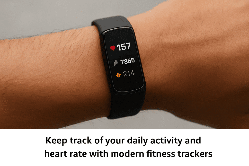 Close-up of a fitness tracker on wrist showing heart rate and steps