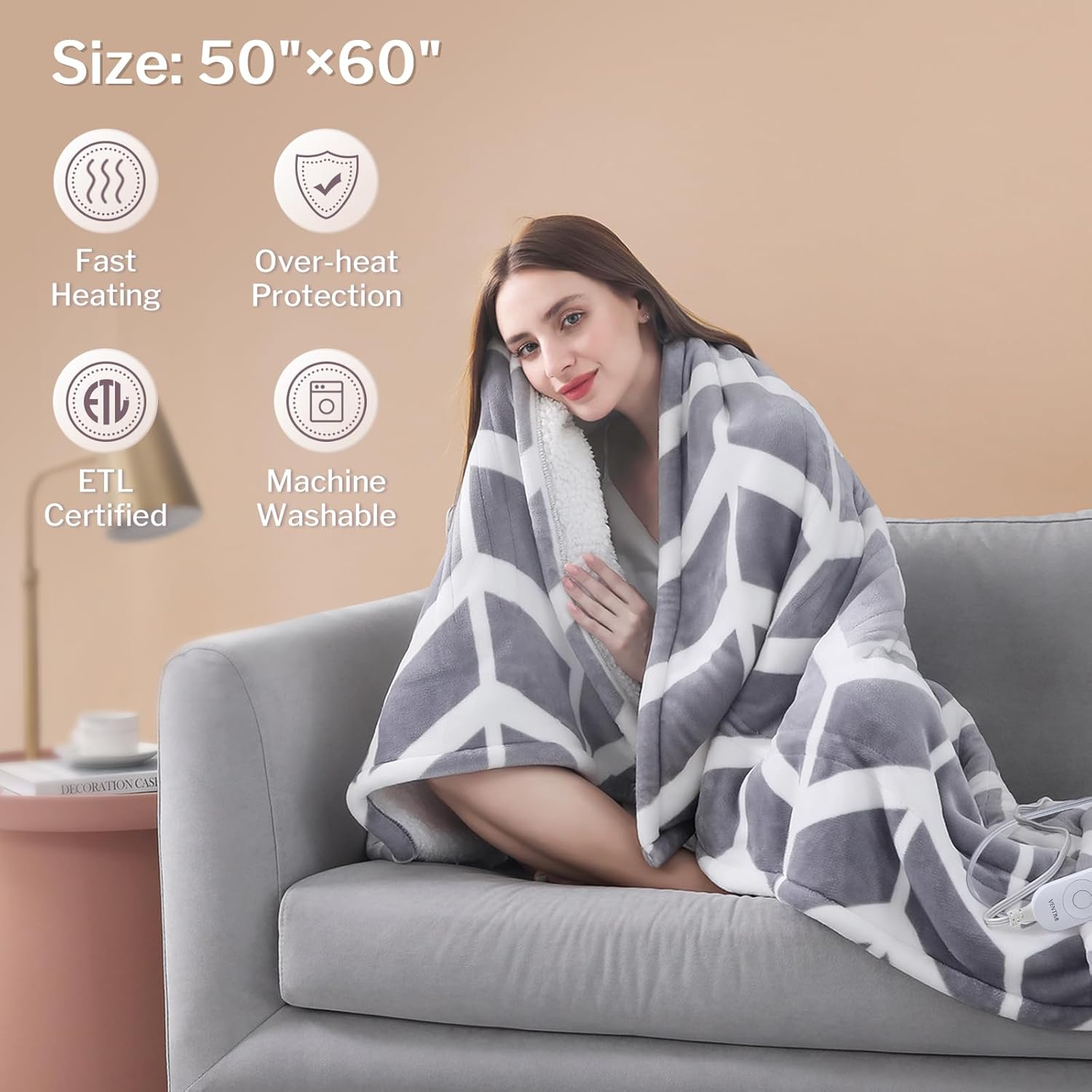 VENTIMI Electric Heated Blanket with 5 Heat Levels and 3-Hour Auto Shut-Off