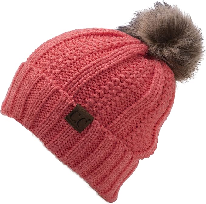 C.C Thick Cable Knit Beanie for women – fleece-lined winter hat