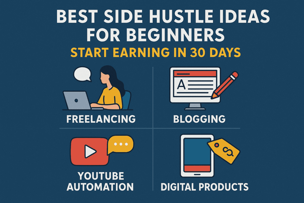 Illustration showing top side hustle ideas for beginners, including freelancing, blogging, YouTube, and digital products.
