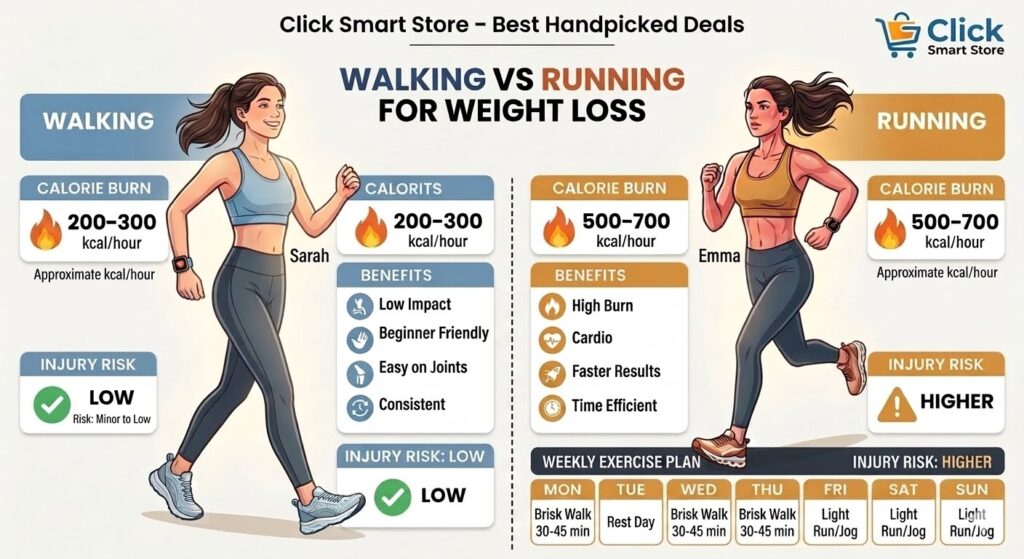 Infographic comparing walking vs running for weight loss, showing calorie burn, benefits, injury risk, and a weekly exercise plan.
