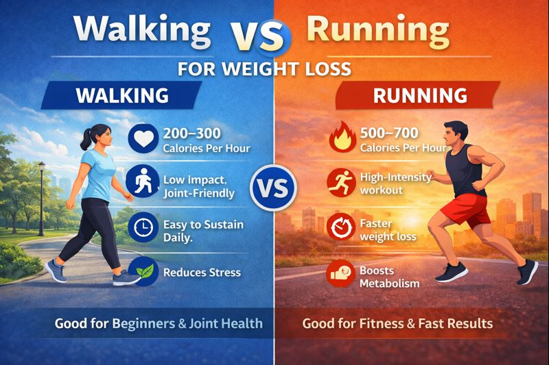 "Infographic comparing walking and running for weight loss, showing benefits, calorie burn, injury risk, and a sample weekly exercise plan."