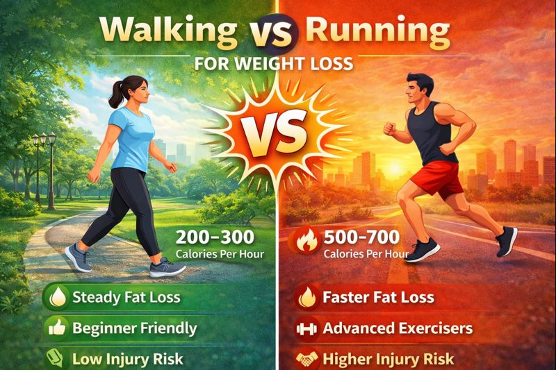 "Visual comparison of walking and running for weight loss, showing calorie burn, benefits, injury risk, and a weekly exercise plan."