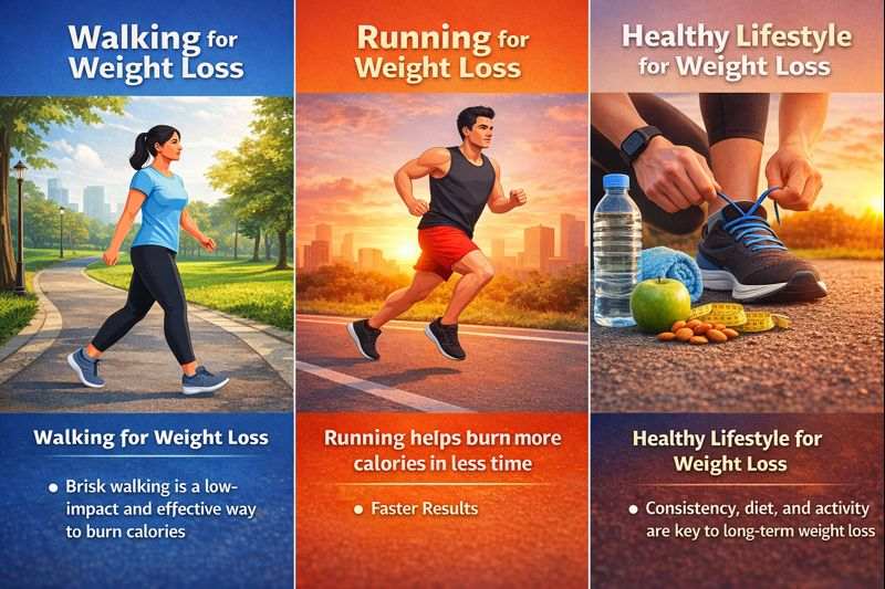 "Comparison of walking vs running for weight loss showing benefits, calorie burn, injury risk, and weekly exercise plan."
