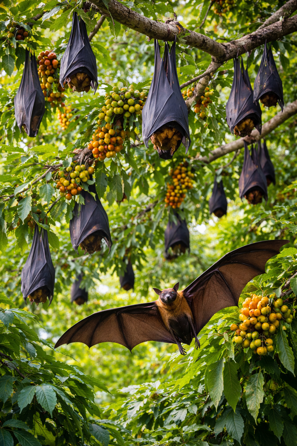 Fruit bats on trees showing natural habitat linked to Nipah virus transmission risk