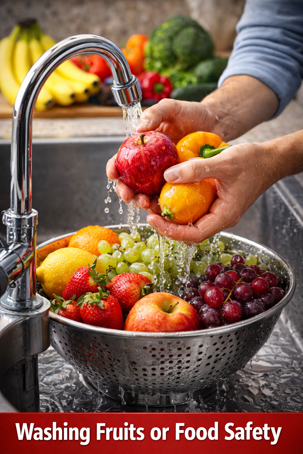 Washing fruits under running water to ensure food safety and prevent Nipah virus infection