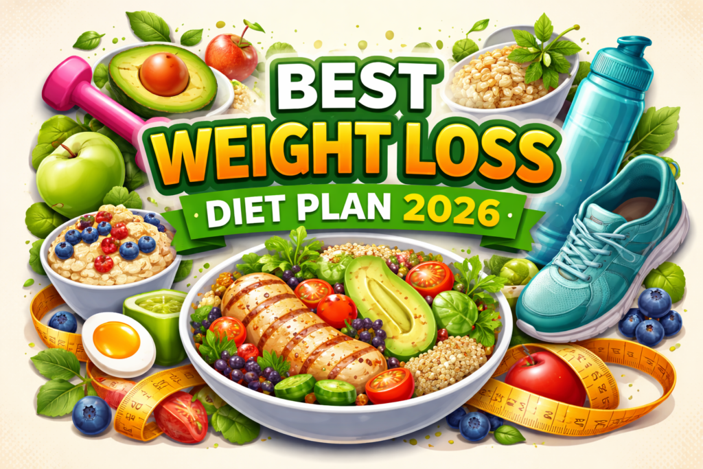 "Best Weight Loss Diet Plan 2026 with healthy salad, fruits, and fitness tools"
