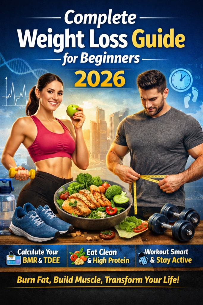 Complete weight loss guide infographic showing healthy diet, calorie calculation, and beginner workout plan for fat loss in 2026