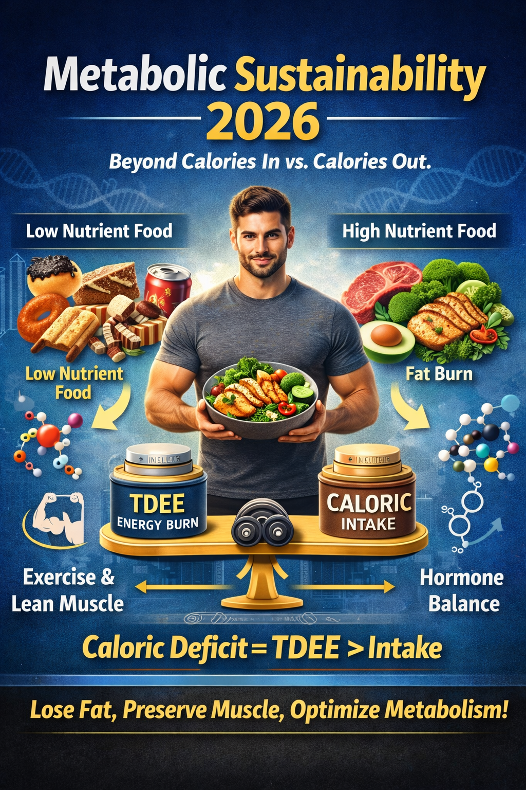 Metabolic sustainability weight loss infographic showing calorie deficit, healthy foods, and workout plan for fat loss