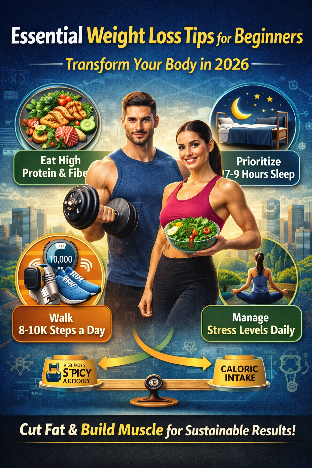 essential weight loss tips for beginners infographic showing healthy diet, exercise, sleep, and daily steps for fat loss
