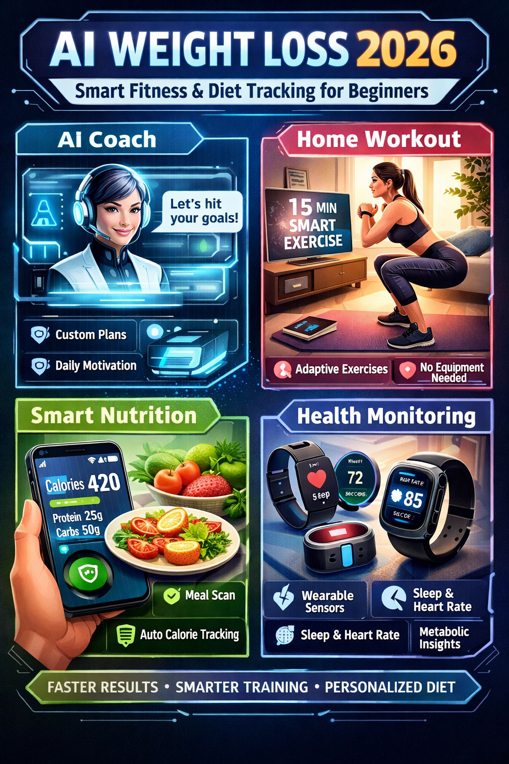 AI weight loss 2026 infographic showing AI coach, home workout, smart nutrition and wearable health tracking for beginners