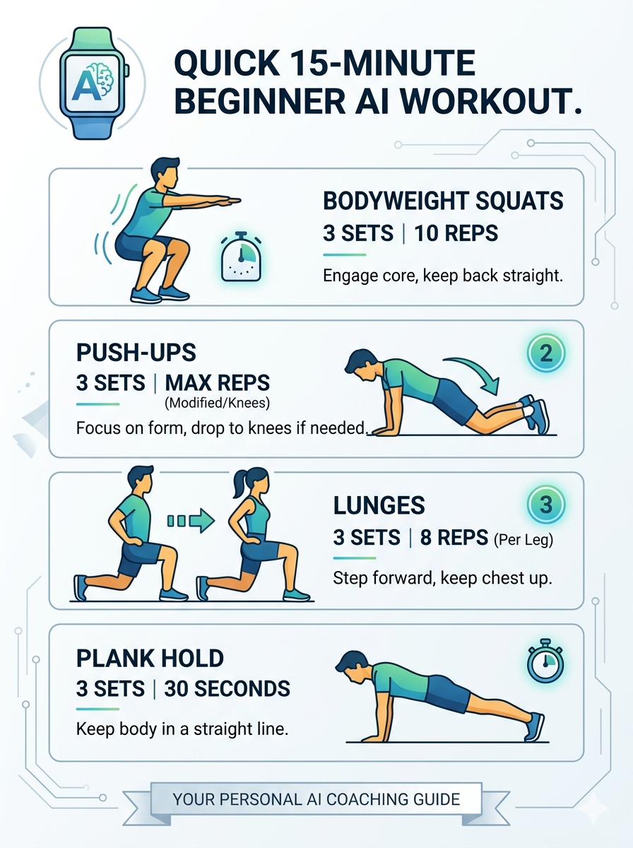 "Infographic of a quick 15-minute beginner AI workout featuring bodyweight squats, modified push-ups, lunges, and plank hold for smart fitness coaching by FitTech Vlogs."
