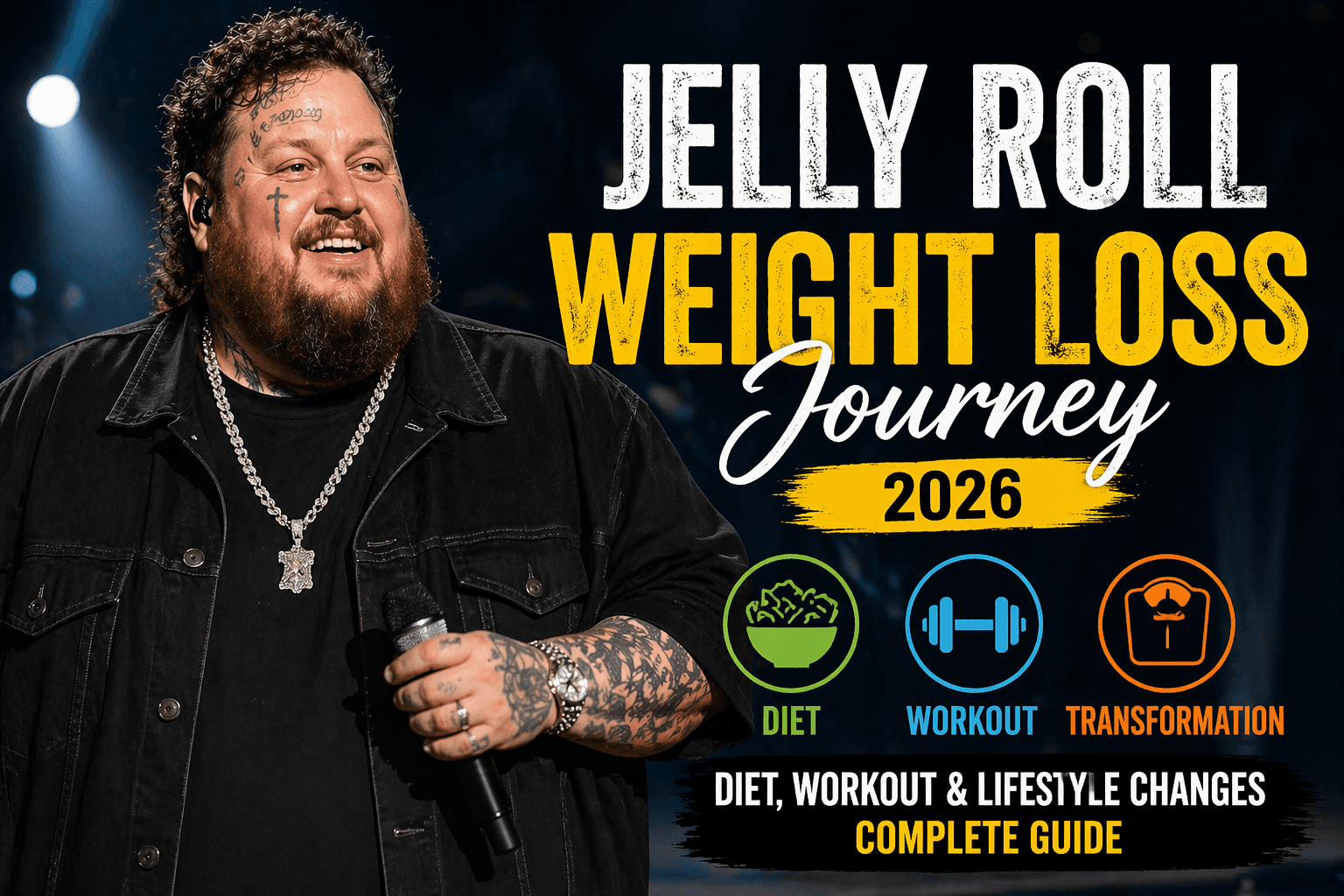 Jelly Roll weight loss journey 2026 stage performance and transformation promotional graphic