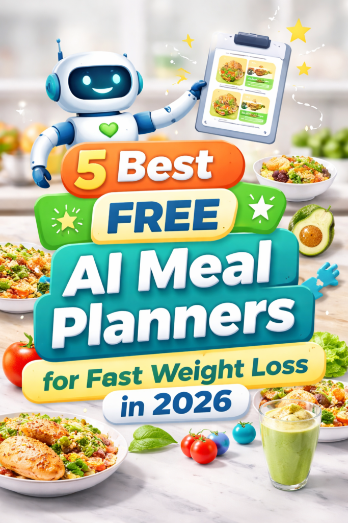 “AI robot creating personalized meal plan with healthy food showing 5 Best Free AI Meal Planners for Fast Weight Loss in 2026”