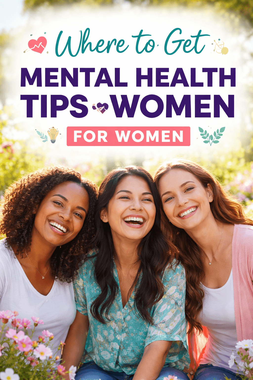"Happy diverse women smiling outdoors representing mental health support and wellness tips for women"
