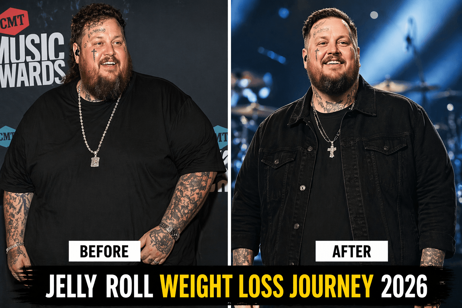This image represents Jelly Roll’s weight loss journey 2026, highlighting his before and after transformation. It visually explains his fitness progress, lifestyle changes, diet improvements, and workout routine that contributed to his ongoing health transformation.
