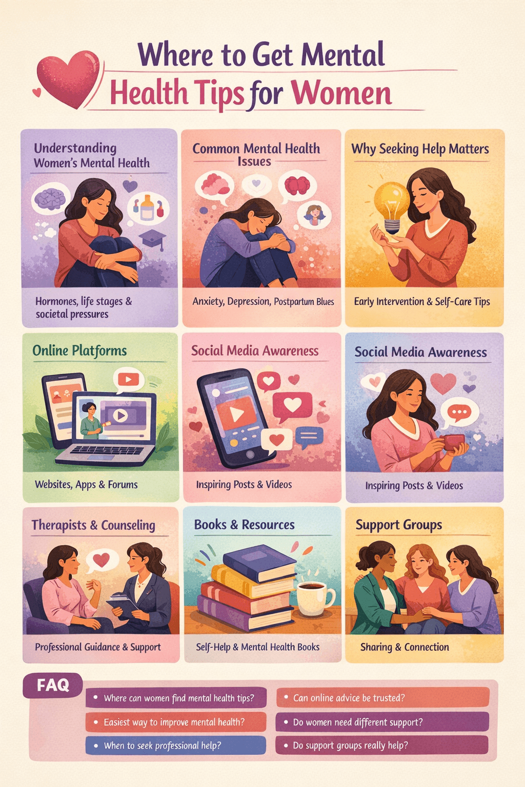 Infographic showing where women can get mental health tips, including online platforms, social media, therapists, books, support groups, lifestyle tips, and FAQs.