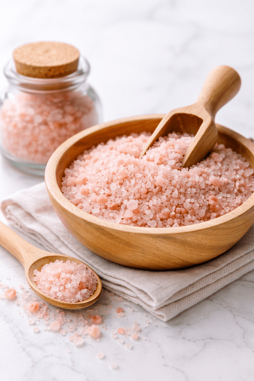 pink Himalayan salt crystals in a wooden bowl on a kitchen surface
