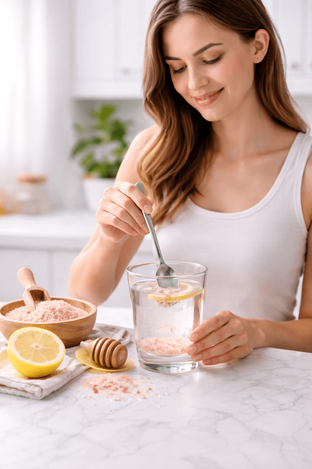 woman preparing pink salt weight loss drink with lemon and honey