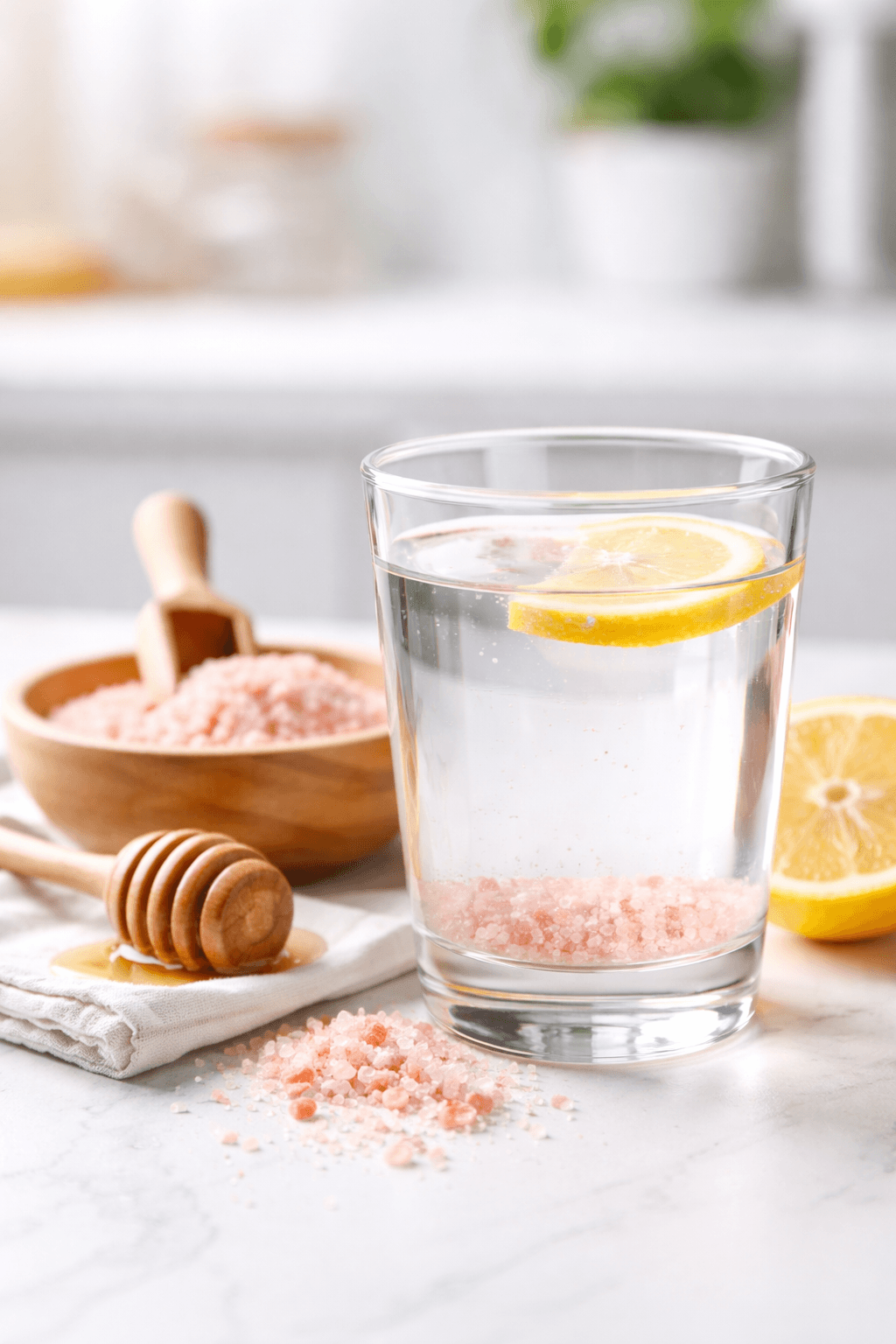 pink salt weight loss drink with lemon and honey in a glass
