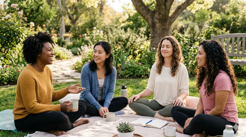 A group of diverse women in a peaceful setting, practicing mindfulness, journaling, and talking to represent mental health support.
