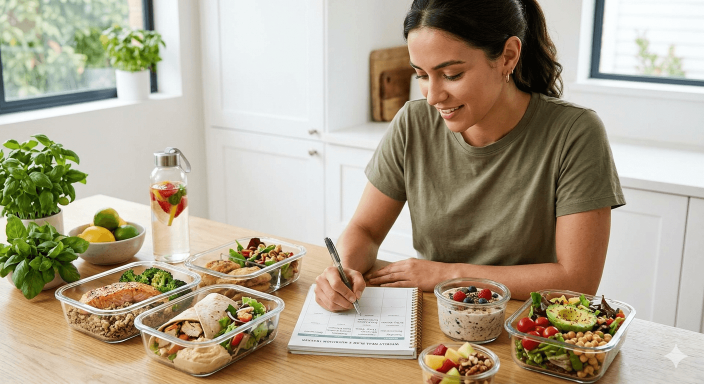 A woman planning her healthy meals with glass containers of salmon, salad, and fruit for a 2026 weight loss guide.