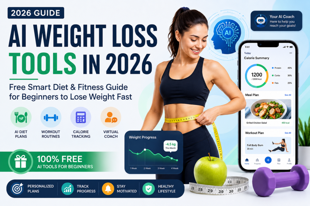 AI weight loss tools 2026 beginner guide showing smart diet, workout, calorie tracking and fitness app concept
