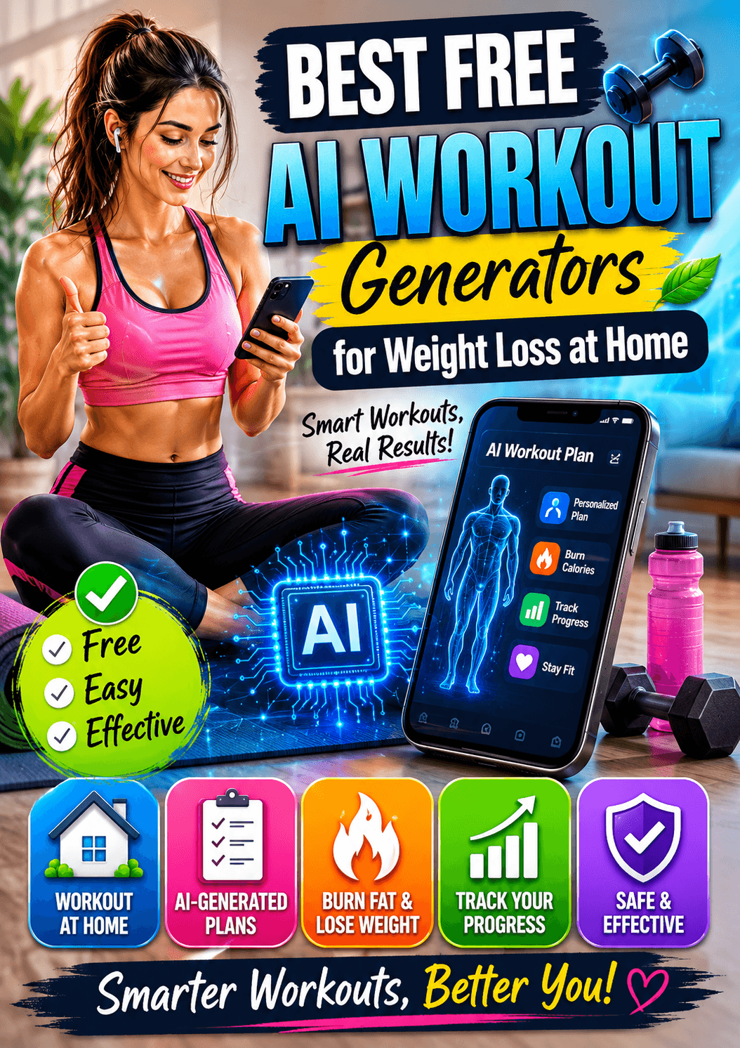 AI workout generators for weight loss at home concept showing woman exercising with smartphone fitness app in 2026