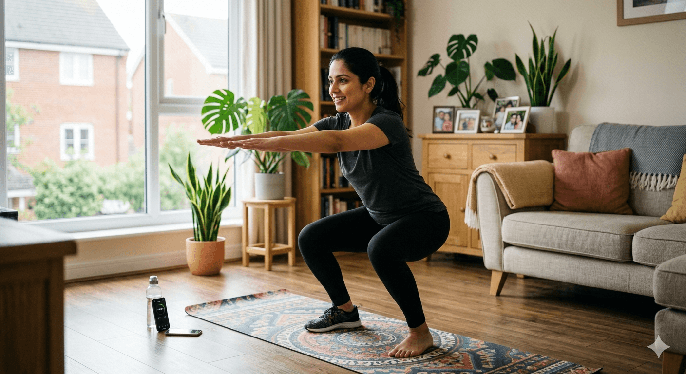 A smiling young woman sitting cross-legged on a yoga mat, doing a relaxing cool-down stretch in her living room after completing a 15-minute beginner home workout.
