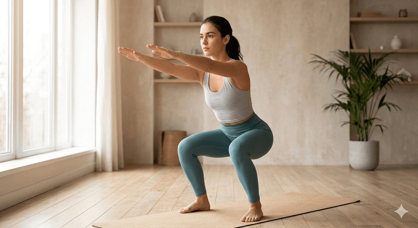 A young woman maintaining perfect form while performing a bodyweight squat on a yoga mat in a brightly lit living room.