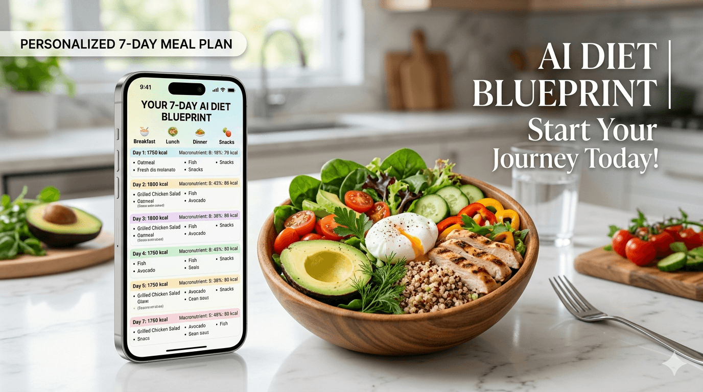 AI diet blueprint showing customized 7 day weight loss meal plan on smartphone