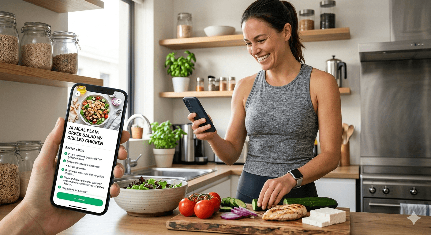 A person following an AI-generated healthy recipe on a smartphone while preparing a fresh Greek salad with grilled chicken in a kitchen.