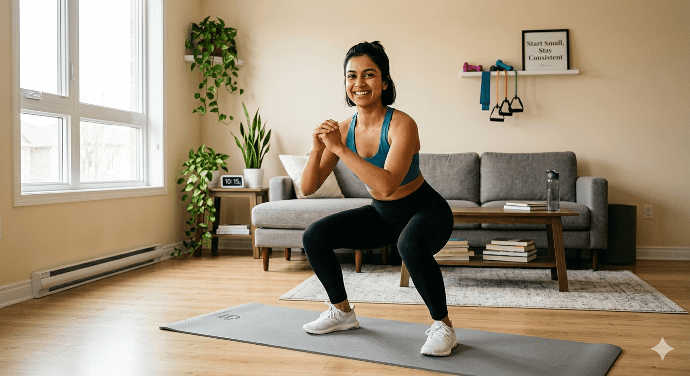 A young woman doing proper bodyweight squats as part of her simple 15-minute home workout routine for busy beginners.
