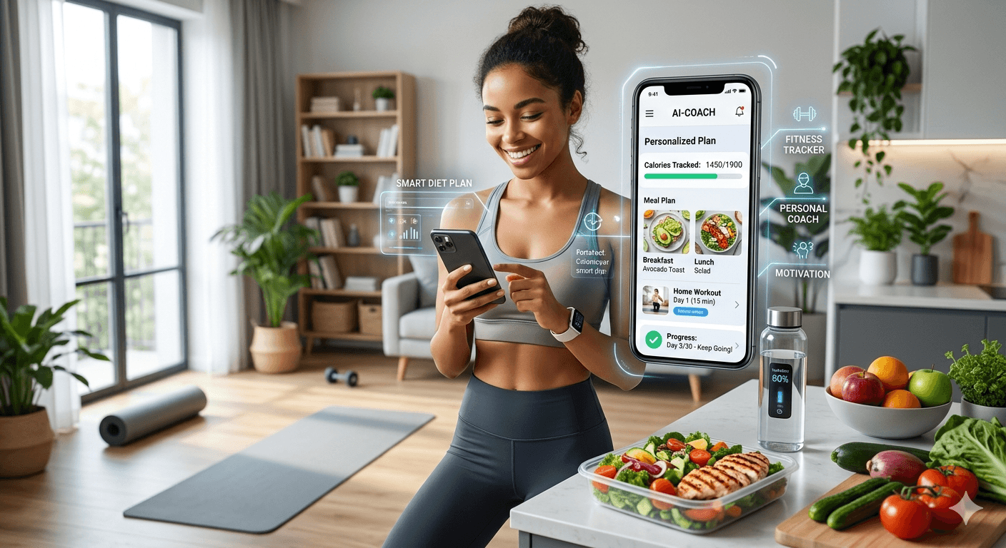 A woman using a mobile app with AI weight loss features, smart diet plans, and fitness tracking in a modern home environment.